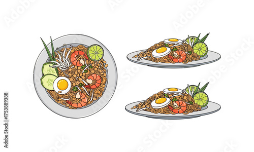 Asian Noodle Dish with Shrimp, Egg, and Vegetables – Food Illustration