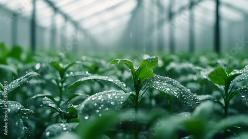 Raindrops on Lush Green Plants in Greenhouse Environment, Sustainable Agriculture and Growth