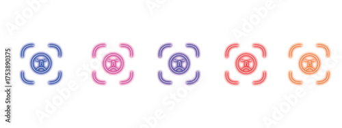 A set of colorful sad face icons with a neon glow effect, presented in a row on a white background, perfect for expressing negative emotions and dissatisfaction in digital communication and design pro