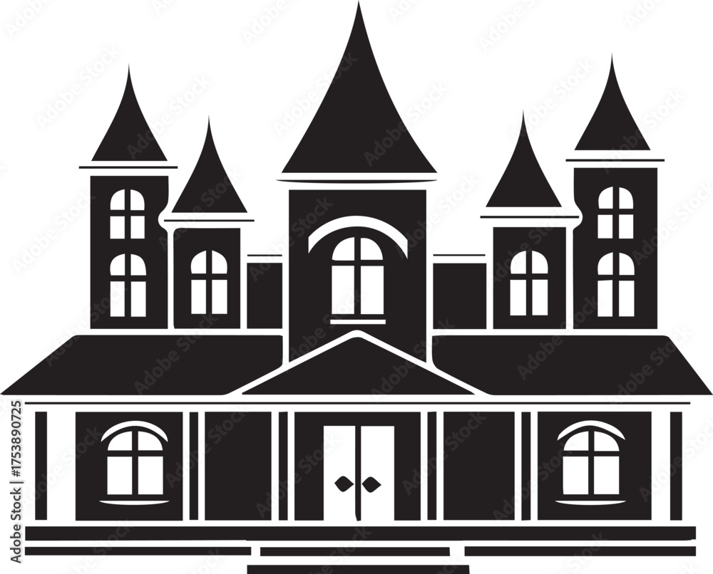 Fototapeta premium Silhouette of a spooky haunted mansion with multiple towers and windows on a white background