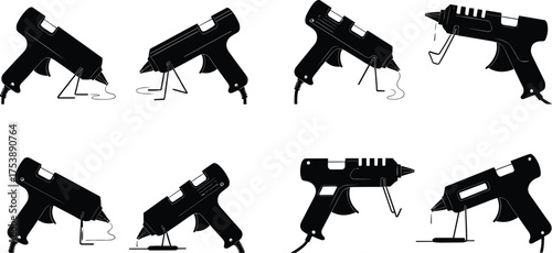 Hot glue gun silhouette collection, electric adhesive tool vector set, crafting equipment illustration, DIY repair instrument, black glue gun design