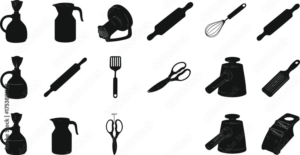 Fototapeta premium Kitchen utensils silhouette set, black vector illustration of cooking tools, coffee pot, whisk, scissors, rolling pin, modern minimalist design