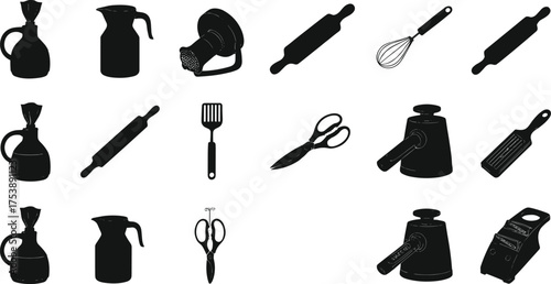 Kitchen utensils silhouette set, black vector illustration of cooking tools, coffee pot, whisk, scissors, rolling pin, modern minimalist design