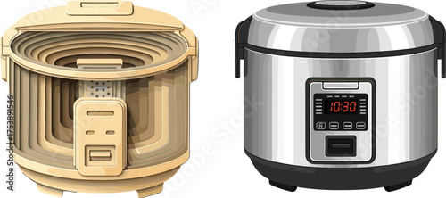 Modern electric rice cooker and traditional rice pot cross-section illustration, kitchen appliance comparison for cooking technology and home food preparation
