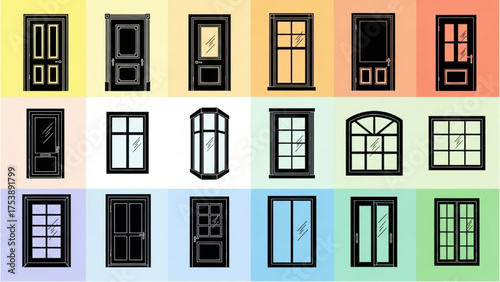 High-Quality Vector Icon Set of Home Design Elements – Doors & Windows with Different Styles, Materials, and Placements for Optimal Light, Ventilation, and Interior Aesthetics