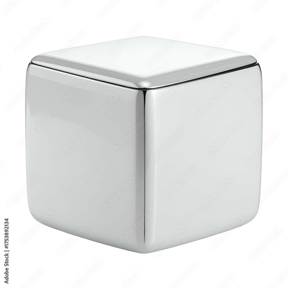 Fototapeta premium Polished metallic cube with clean edges sits against a black background.