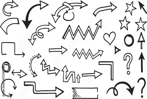 Doodle Arrow Set: A collection of whimsical doodle arrows, stars, hearts, and other hand-drawn graphic elements. It captures a playful, informal essence, with a variety of directions and shapes.