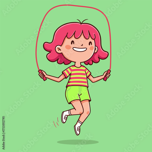 A happy cartoon girl with pink hair and a striped shirt is jumping rope (skipping) with a red rope.