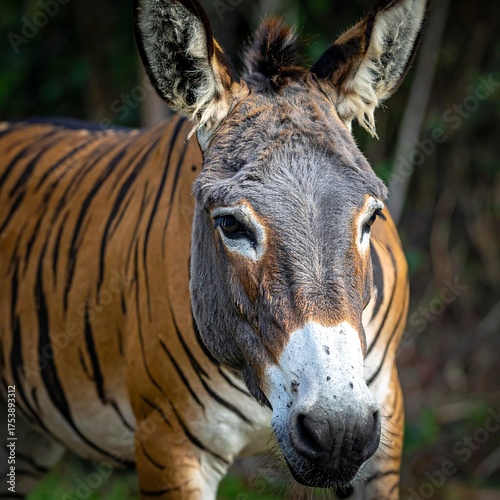 A striking hybrid animal with donkey face and tiger stripes