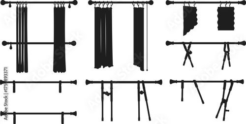 Set of curtain rod and drapery silhouettes, window curtain design collection, interior home decor accessory vector illustration, black and white