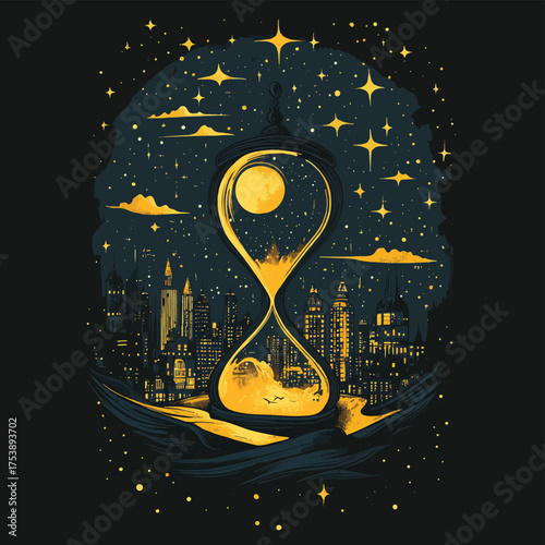 Enchanted city within hourglass illuminating a starry night , vector style simple color