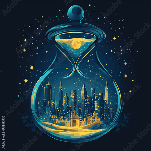 Enchanted city within hourglass illuminating a starry night , vector style simple color