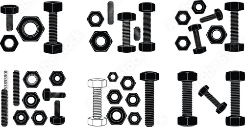 Set of metal nuts and bolts silhouette vector illustration, industrial hardware tools design, mechanical construction fasteners on white background