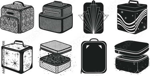 Set of modern travel and lunch bag silhouette vector illustration, black and white luggage design, portable storage containers icons