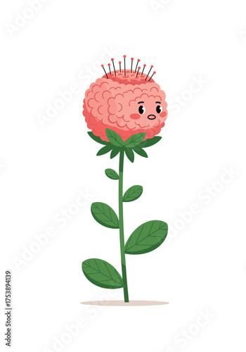 A charming and quirky anthropomorphic flower with many pins on its head.