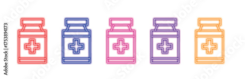 A colorful set of medicine bottle icons featuring a cross symbol, representing healthcare and pharmaceutical concepts with a vibrant and modern aesthetic, ideal for medical and wellness themes.	