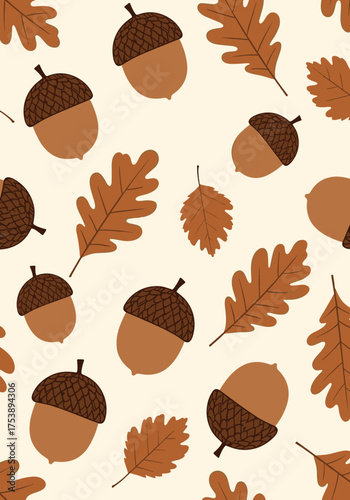 A delightful pattern of acorns and oak leaves adorning a warm cream background.