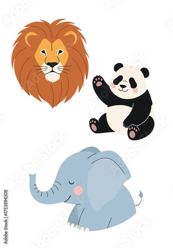A charming collection of zoo animals including a mighty lion a playful panda and a gentle elephant.