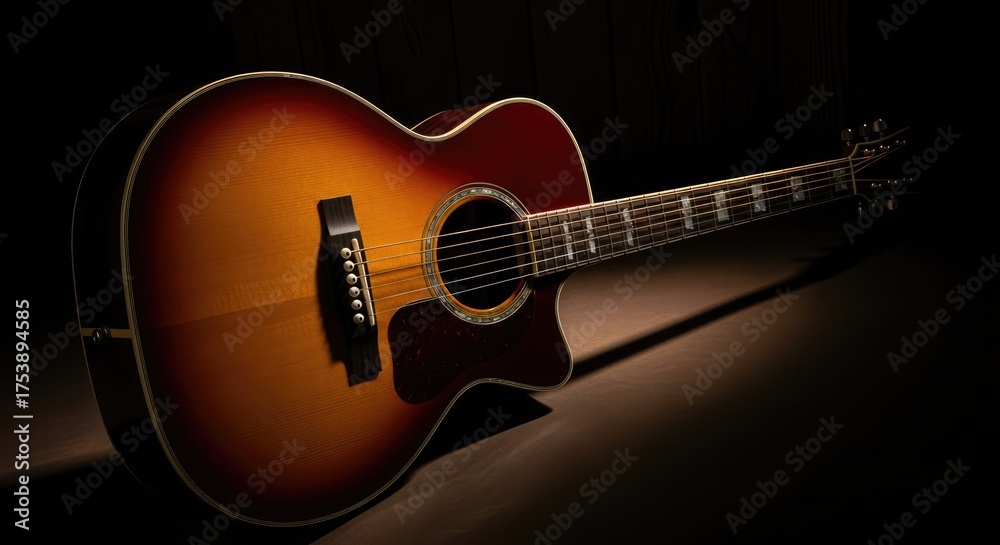 Naklejka premium A beautifully lit acoustic guitar, showcasing its wood grain and intricate details, resting against a dark background.