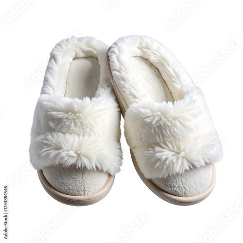 Stacked Cozy White Slippers with Soft Furry Fabric, Minimal Composition, Isolated on Transparent Background 