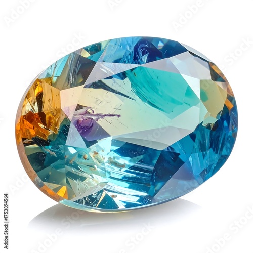 An isolated, multicolored gem with facets and reflections, set against a white backdrop