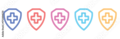 A set of five colorful medical cross shield icons with a neon outline effect, representing healthcare protection and safety in a vibrant and modern style, perfect for medical applications and design	