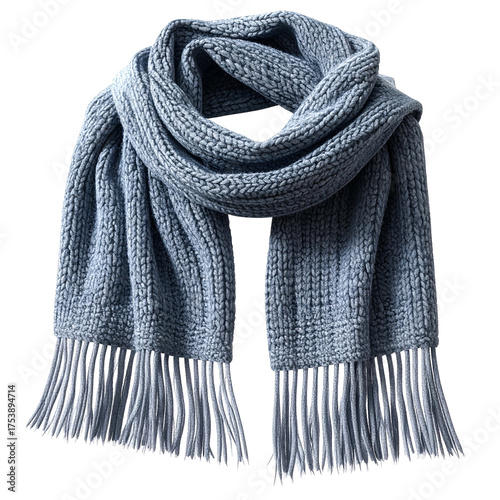 Knitted woolen scarf with fringe, displayed on black.