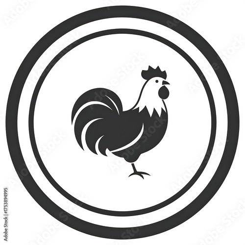 A stylized silhouette of a rooster within a circular design