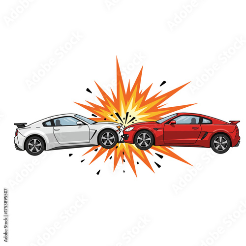 Cartoon Sports Cars Head-on Collision with Explosion Effect Illustration
