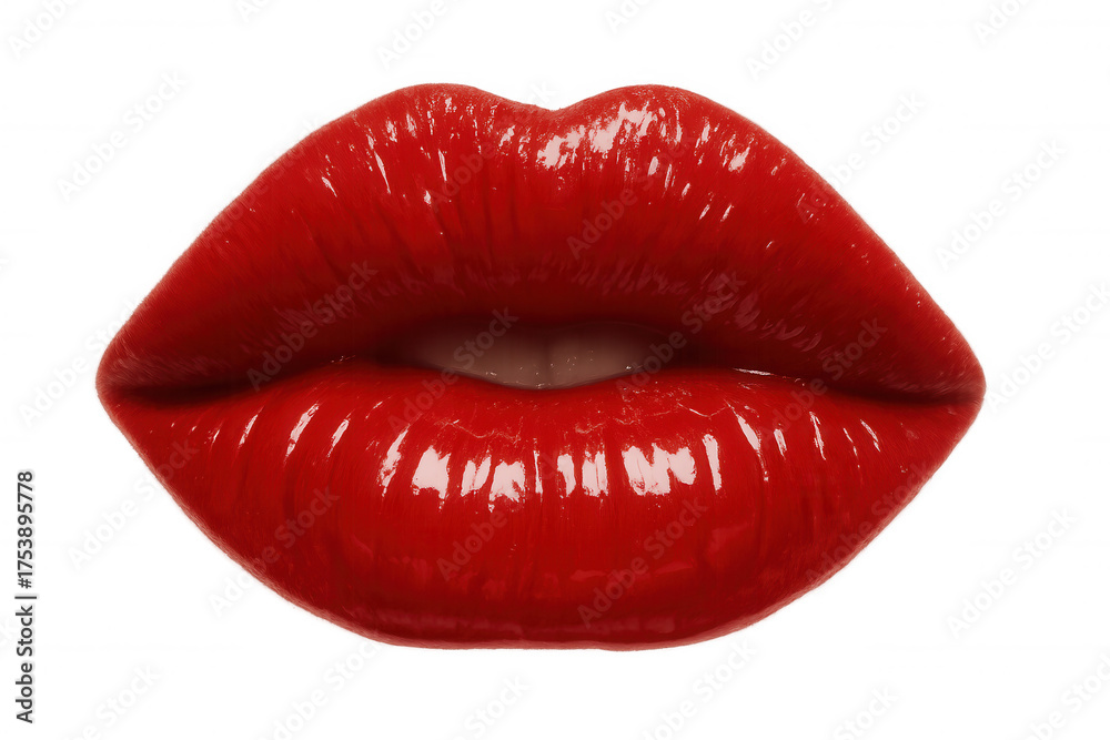 Obraz premium Red glossy lips with lipstick, showing sensual beauty, passion, and feminine style, transparent background