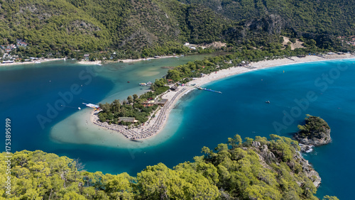 Fototapeta Naklejka Na Ścianę i Meble -  Aerial view of the famous Blue Lagoon beach in Oludeniz, Fethiye, Turkey