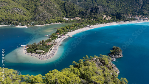 Fototapeta Naklejka Na Ścianę i Meble -  Aerial view of the famous Blue Lagoon beach in Oludeniz, Fethiye, Turkey