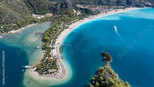 Fototapeta Naklejka Na Ścianę i Meble -  Aerial view of the famous Blue Lagoon beach in Oludeniz, Fethiye, Turkey