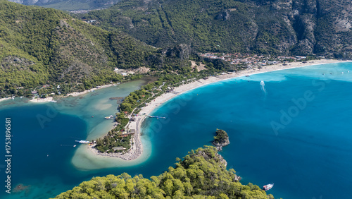 Fototapeta Naklejka Na Ścianę i Meble -  Aerial view of the famous Blue Lagoon beach in Oludeniz, Fethiye, Turkey