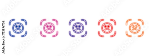 A collection of five distinct colorful neon icons representing a sad or unhappy face, symbolizing negative emotions and depression, with each icon displayed in a unique vibrant hue against a white bac
