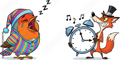 Cartoon sleepy bird in pajamas yawning, funny fox with alarm clock, cute animal characters illustration, comic vector design for children
