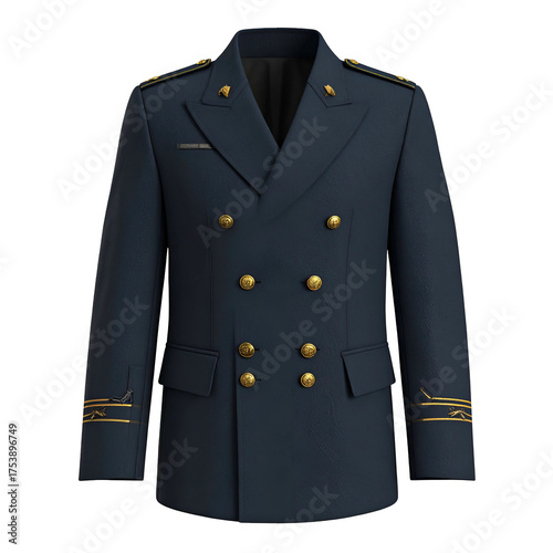 Formal dark blue double-breasted jacket with gold accents.