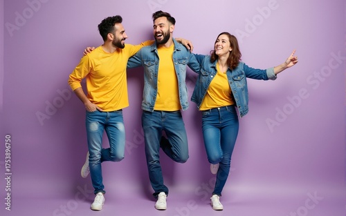 Full length size body photo of three funny funky ecstatic excited delightful buddies having fun on weekend isolated violet background. High quality