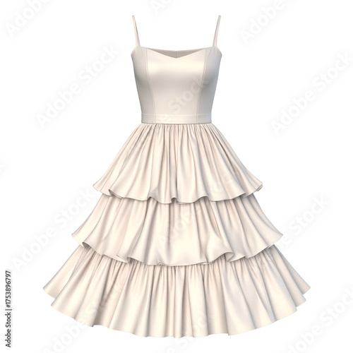 Ivory tiered ruffled dress with spaghetti straps on black.
