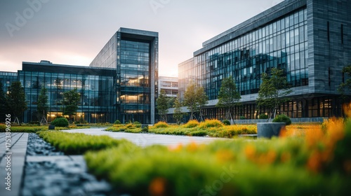 Modern hospital complex with manicured gardens urban location architectural photography contemporary design wide shot perspective