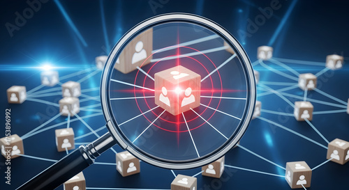 Find top talent, magnifying glass focusing on connected people network