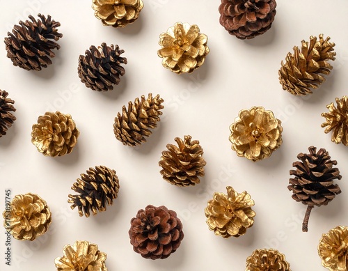 Beautiful Christmas pine cones in brown and gold pattern