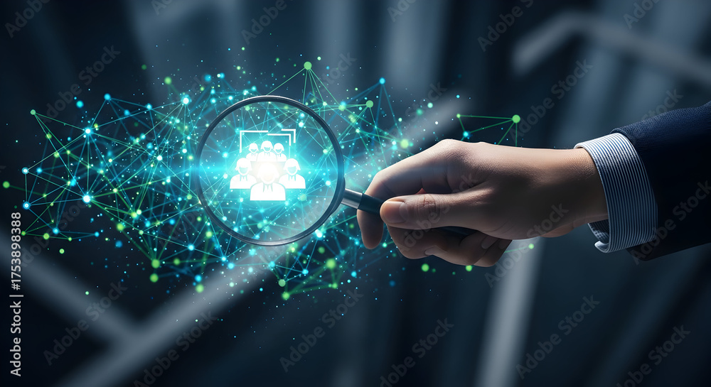 Obraz premium Magnifying glass reveals team success in glowing network