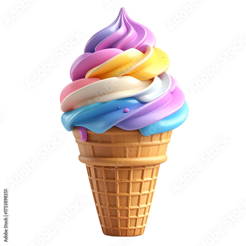 Swirled pastel ice cream cone melts with vibrant colorful scoops.