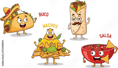 Funny Mexican food cartoon characters, cute taco burrito nachos salsa illustration, happy spicy meal vector art, white background design