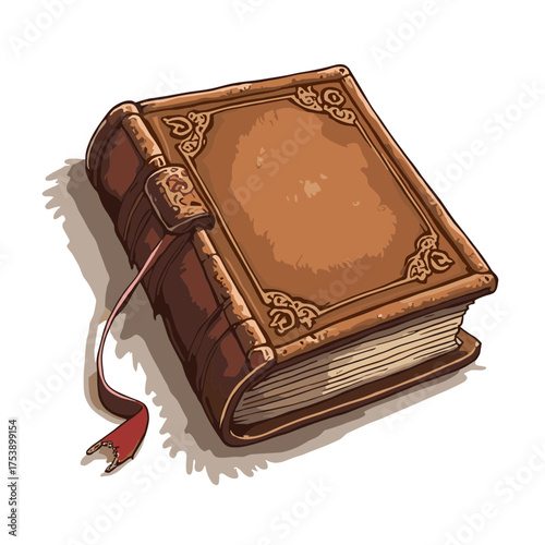 Antique leather bound book with ornate gold corner details and a red ribbon bookmark