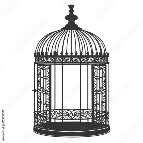Ornate vintage birdcage illustration evoking freedom and confinement in monochrome style