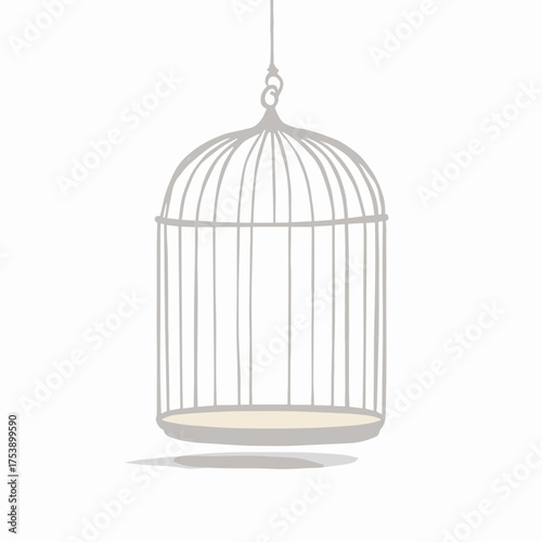 Empty birdcage hangs suspended symbolizing freedom loss or confinement in illustration