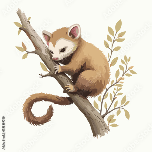 Adorable lemur clinging to a tree branch in a soft watercolor style illustration