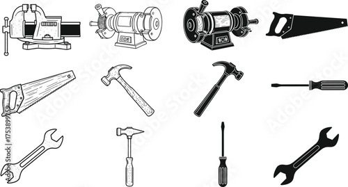 Hand tools set, hammer, wrench, saw, screwdriver, bench vise, grinder, black and white silhouette, vector illustration, workshop equipment, construction tool, repair concept